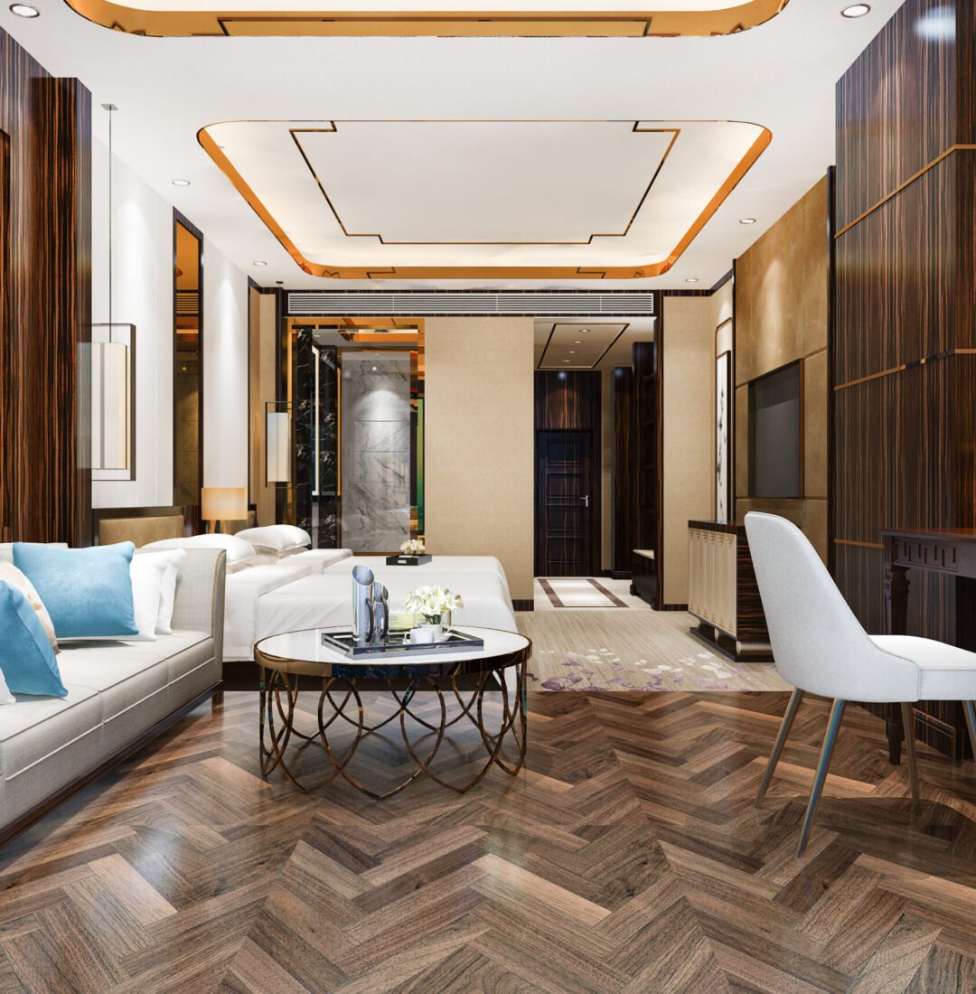 3d rendering beautiful luxury bedroom suite in hotel with tv and working table