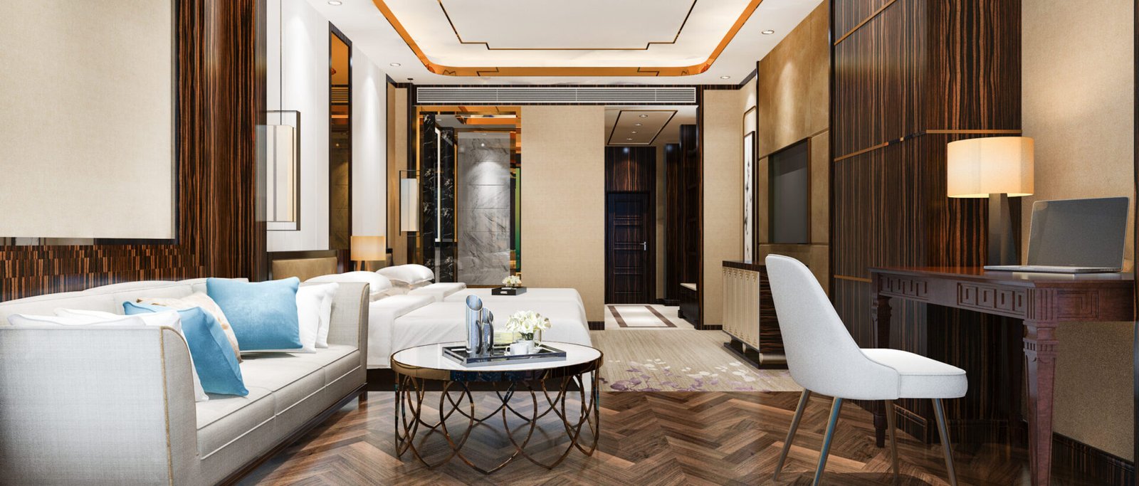 3d rendering beautiful luxury bedroom suite in hotel with tv and working table