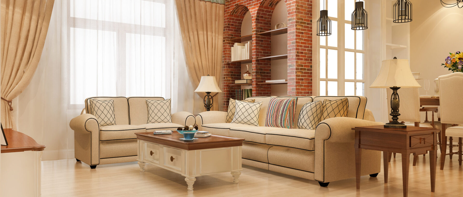 3d rendering modern dining room and living room with retro armchair and european style